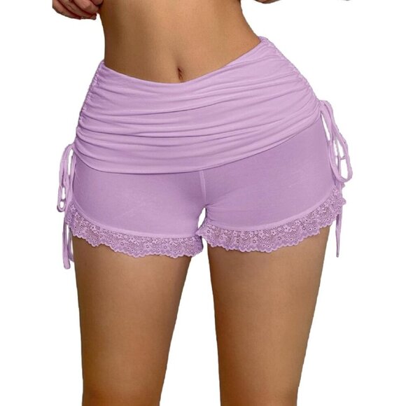 Pants - Women's Mauve Purple Side Drawstring Ruched Lace Shorts Stretchy Mini Shorts